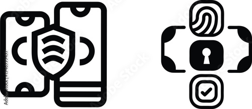 Mobile cybersecurity and biometric authentication vector icons.