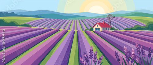 Vibrant flat landscape illustration of a tranquil lavender field at sunrise, featuring a charming farmhouse and a windmill in the serene countryside