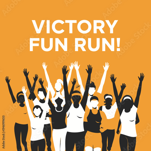 Joyful Group Celebrating Victory At The Fun Run, Cheering With Arms Raised High