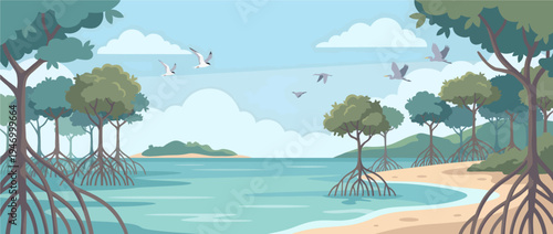 Flat landscape illustration of a serene tropical coastline, showcasing a vibrant mangrove forest with exposed roots, calm ocean waters, a sandy beach, and flying seabirds