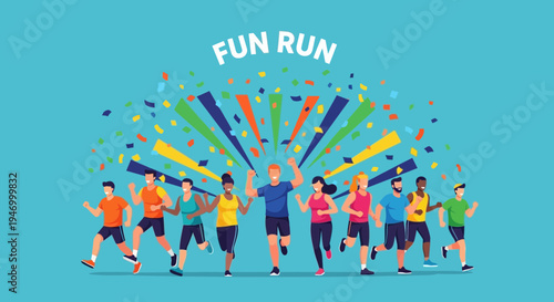 Joyful Group Of People Running At A Fun Run Event With Colorful Streamers