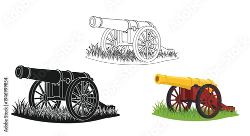 Three depictions of a vintage cannon including a dark silhouette