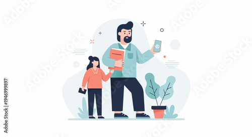 A man and a girl walk together, he holds a book and phone