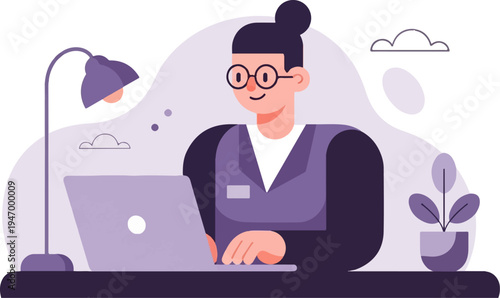 Person working on a laptop at a desk with a lamp and a plant