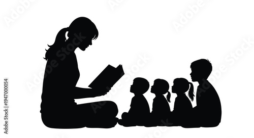 A teacher reads to young children in a classroom setting silhouette