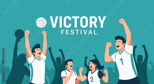 Joyful Volleyball Players Celebrating Victory At The Tournament Festival With Ball