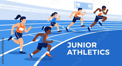 Junior Athletes Sprinting Competitively Across Track Lanes in A Dynamic Race Illustration
