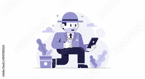 Stylized man in suit and hat with coffee and phone, kneeling outdoors