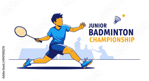 Junior Badminton Champion, Dynamic Action Pose, Racket in Hand Ready to Hit the Shuttlecock