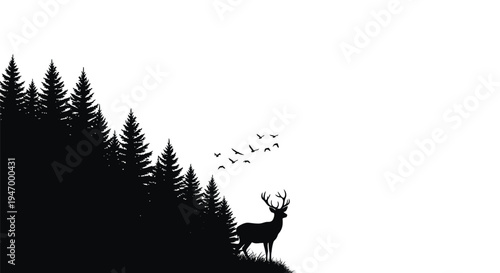 Forest landscape with a majestic stag and flock of birds silhouette