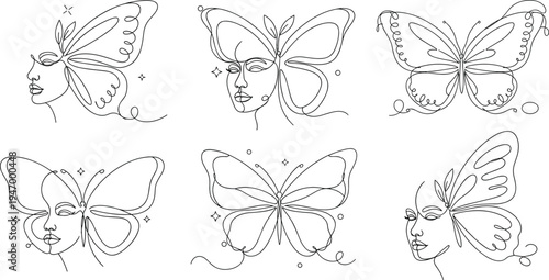 Abstract butterfly and woman face line art collection, elegant minimal continuous line illustrations with aesthetic feminine butterfly designs