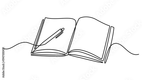 Continuous one line drawing of an open book and a pen on a white background. Education study and knowledge library concept one line drawing Vector
