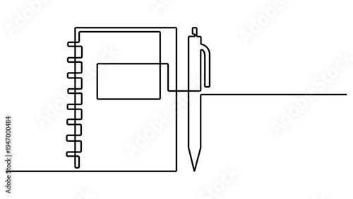 Continuous one line drawing of notebook with a pen on it. Notebook with a pencil. Writing business draft on office notes concept. vector illustration