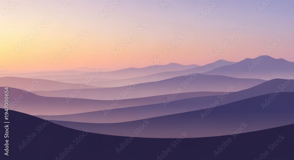 Obraz premium Serene Mountain Layers at Sunrise, Misty Haze, Pastel Sky, Majestic Landscape