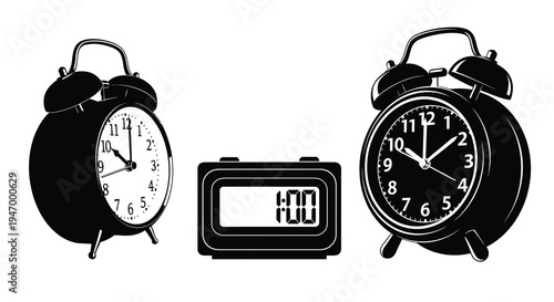 Three clocks showing different times in a black silhouette