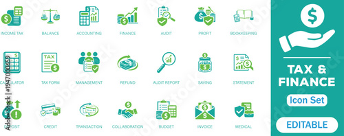 Tax & Finance editable solid icon set. Symbol for accounting,saving, performance, balance, audit, business, adviser, property, planning, IRS, income and more vector icons collection.
