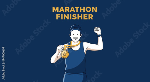 Marathon Champion Victorious With Gold Medal And Raised Fist