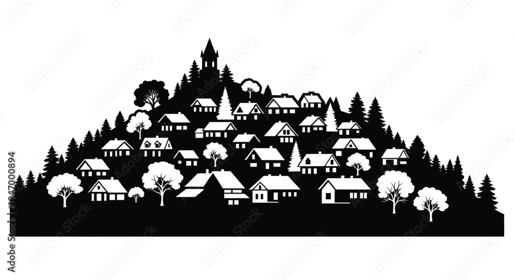 Obraz premium Charming hillside town with trees and buildings a black silhouette