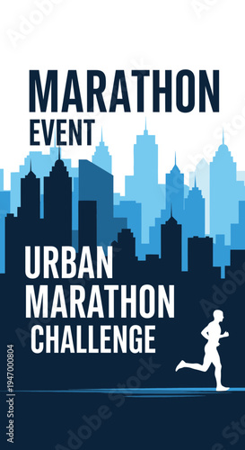 Marathon Event: Urban Challenge Depicting Silhouette Runner With Dynamic Cityscape Background Design