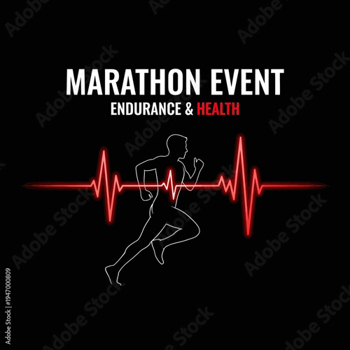Marathon Event Symbolizing Endurance and Health with a Runner Silhouette and a Heartbeat Visual