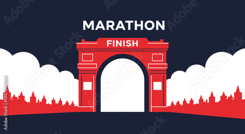 Marathon Finish Line Archway With City Silhouette And Clouds Illustrative Design