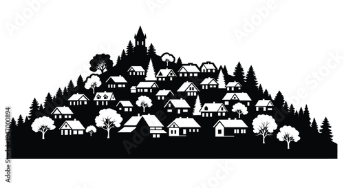 Charming hillside town with trees and buildings a black silhouette