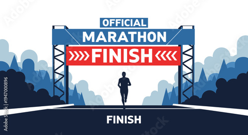 Marathon Finish Line With Runner Silhouette And Mountain Landscape Background