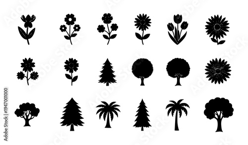 Simple cartoon flower and tree silhouette icon set with garden plants and forest trees vector collection