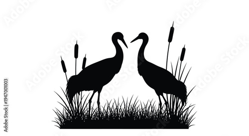Two cranes facing each other amidst reeds and grasses silhouette