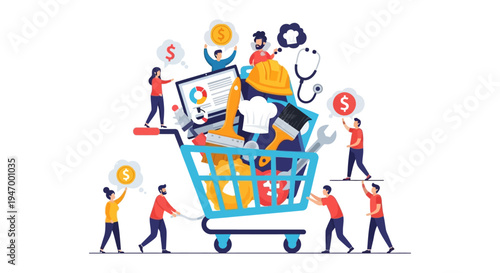 Career Choice and Job Market Concept with Diverse Professions, Skills, and Opportunities in a Shopping Cart