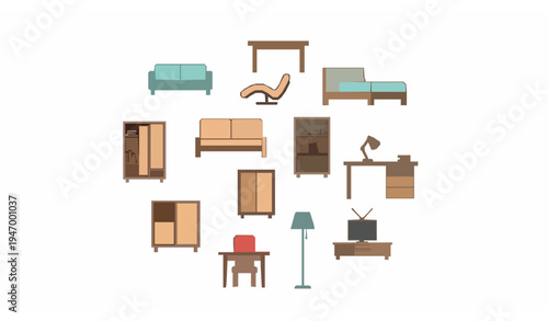 Modern home furniture icon bundle with sofa bed wardrobe desk lamp and interior decor symbols
