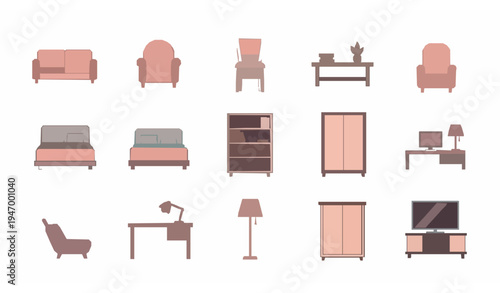 Home furniture flat icon set with sofa bed chair table cabinet and interior design vector collection