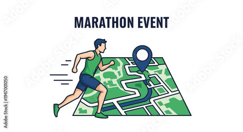 Marathon Runner Following Route On Stylized Map Illustration