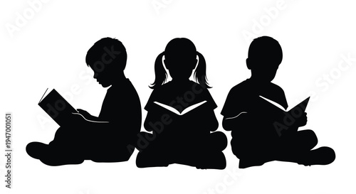 Three children engrossed in reading books a striking silhouette
