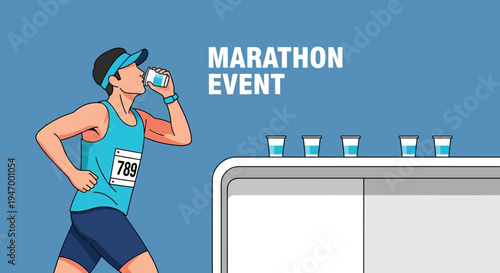 Marathon Runner Hydrating During Event with Water Cups and Marathon Event Title