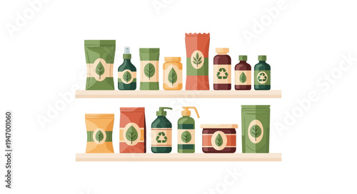 Sustainable Organic & Natural Product Packaging on Shelves. Eco-Friendly Goods with Leaf and Recycle Symbols.
