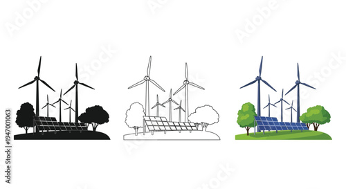 Wind turbines and solar panels shown in varying styles a silhouette