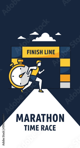 Marathon Runner Racing Towards Finish Line With Clock in Minimalist Illustration Style