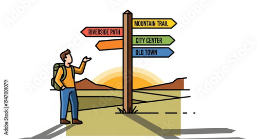 Man with Backpack at Crossroads.