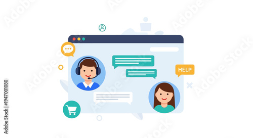 Live Chat Online Customer Support Illustration. Helpdesk and E-commerce Assistance with Service Agent and User Communication.