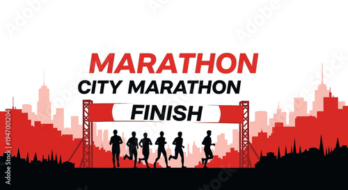 Marathon Runners Approaching Finish Line Silhouette, City Marathon Race Championship.