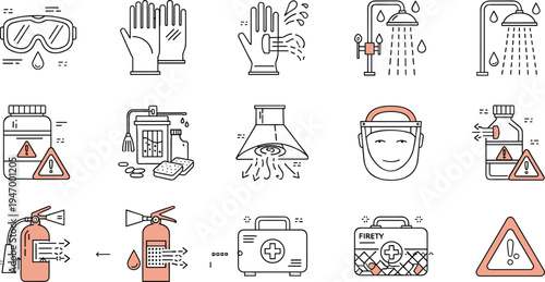 Laboratory safety equipment icons set with goggles gloves fire extinguisher eyewash shower chemical hazard symbols and first aid kit