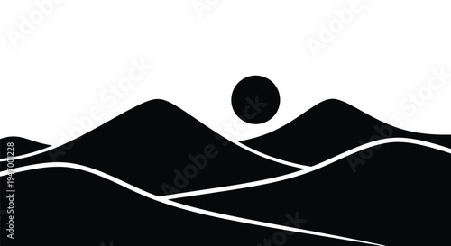 Minimalist landscape with rolling hills and a sun a striking silhouette