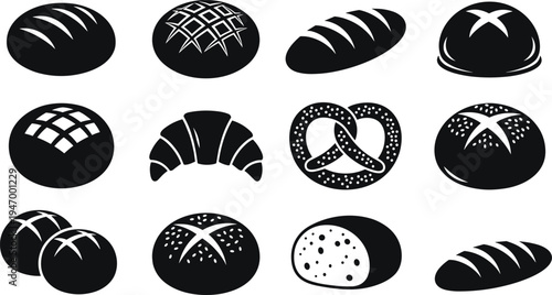 Bakery bread silhouettes collection including loaf, bun, croissant and pretzel, black bakery food icons set for menu, packaging and design