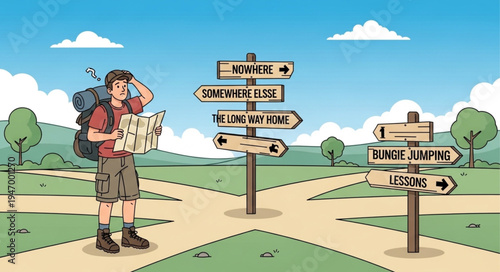 Man with Backpack at Crossroads.