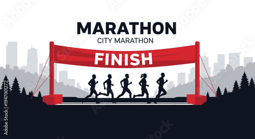 Marathon Runners Crossing Finish Line With City Silhouette in The Background