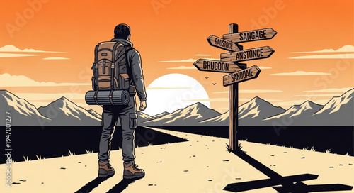 Man with backpack at crossroads.