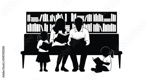Family reading together in a library a striking black silhouette