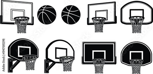 Basketball hoop and ball silhouettes collection, sport basket nets and backboards isolated, basketball equipment icons for game and training design