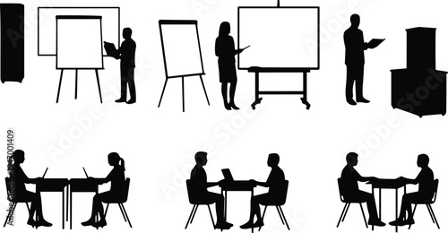 Business presentation silhouettes set, office meeting, training seminar, people discussing at table and presenting board isolated vector illustration